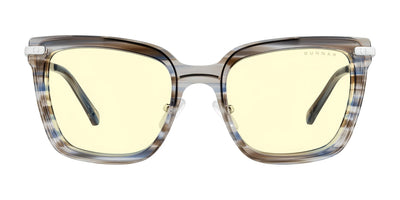 The Gunnar Kaia Computer Glasses, size 53, showcase a contemporary square style with transparent striped frames and yellow lenses. Featuring effective blue light blocking, they are perfect for modern screen users.