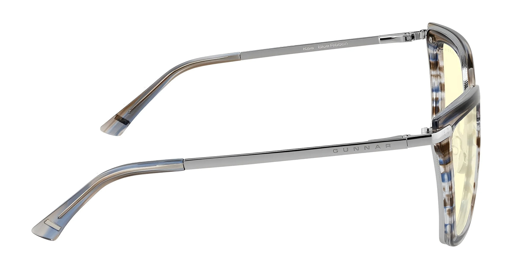 Side view of Gunnar Kaia Computer Glasses, Size 53, featuring a stylish square design with blue-light blocking lens technology, complemented by metallic and patterned temples.