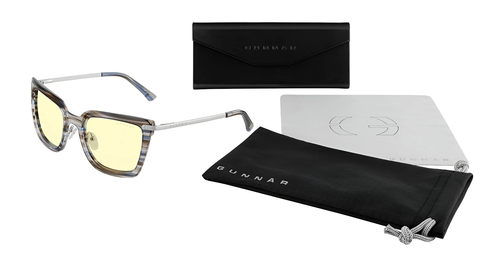 The Gunnar Kaia Computer Glasses (Size 53) feature a modern square style with yellow lenses using blue light-blocking GUNNAR technology. They include a sleek case, drawstring pouch, and cleaning cloth, adding a stylish touch to your eyewear collection.