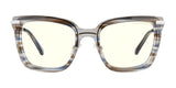 Gunnar Kaia Computer Glasses feature a contemporary square style with translucent, square frames, gray striped pattern, and thin temples. They have blue-light filtering Gunnar lens technology. Size 53.