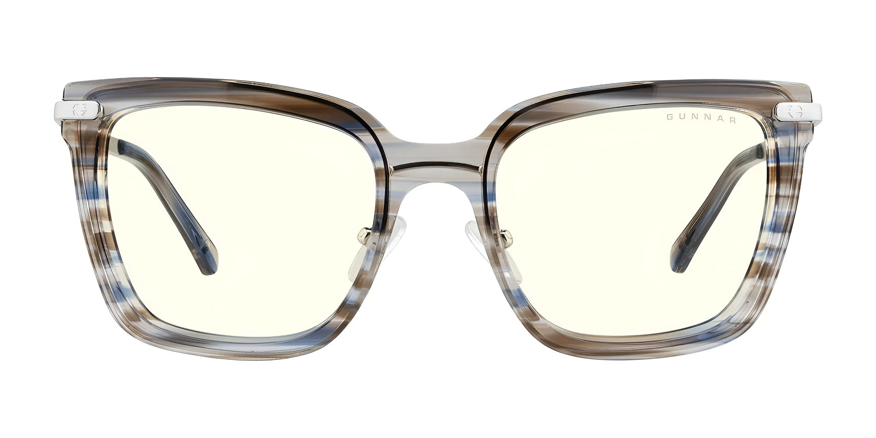 Gunnar Kaia Computer Glasses feature a contemporary square style with translucent, square frames, gray striped pattern, and thin temples. They have blue-light filtering Gunnar lens technology. Size 53.