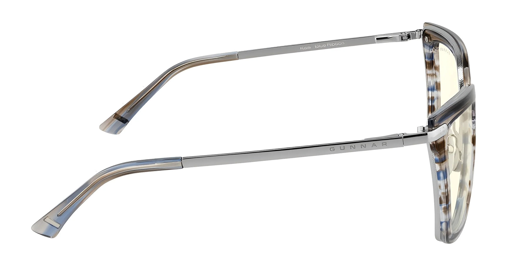 Side view of Gunnar Kaia Computer Glasses featuring GUNNAR lens technology, with transparent, modern square frames and the "Gunnar" brand name elegantly displayed on the arm.