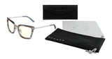 The Gunnar Kaia Computer Glasses, size 53, feature GUNNAR lens technology for optimal blue light blocking with their contemporary square gray frames. They include a lens cloth, black case, and soft pouch, all elegantly displayed on a white background.