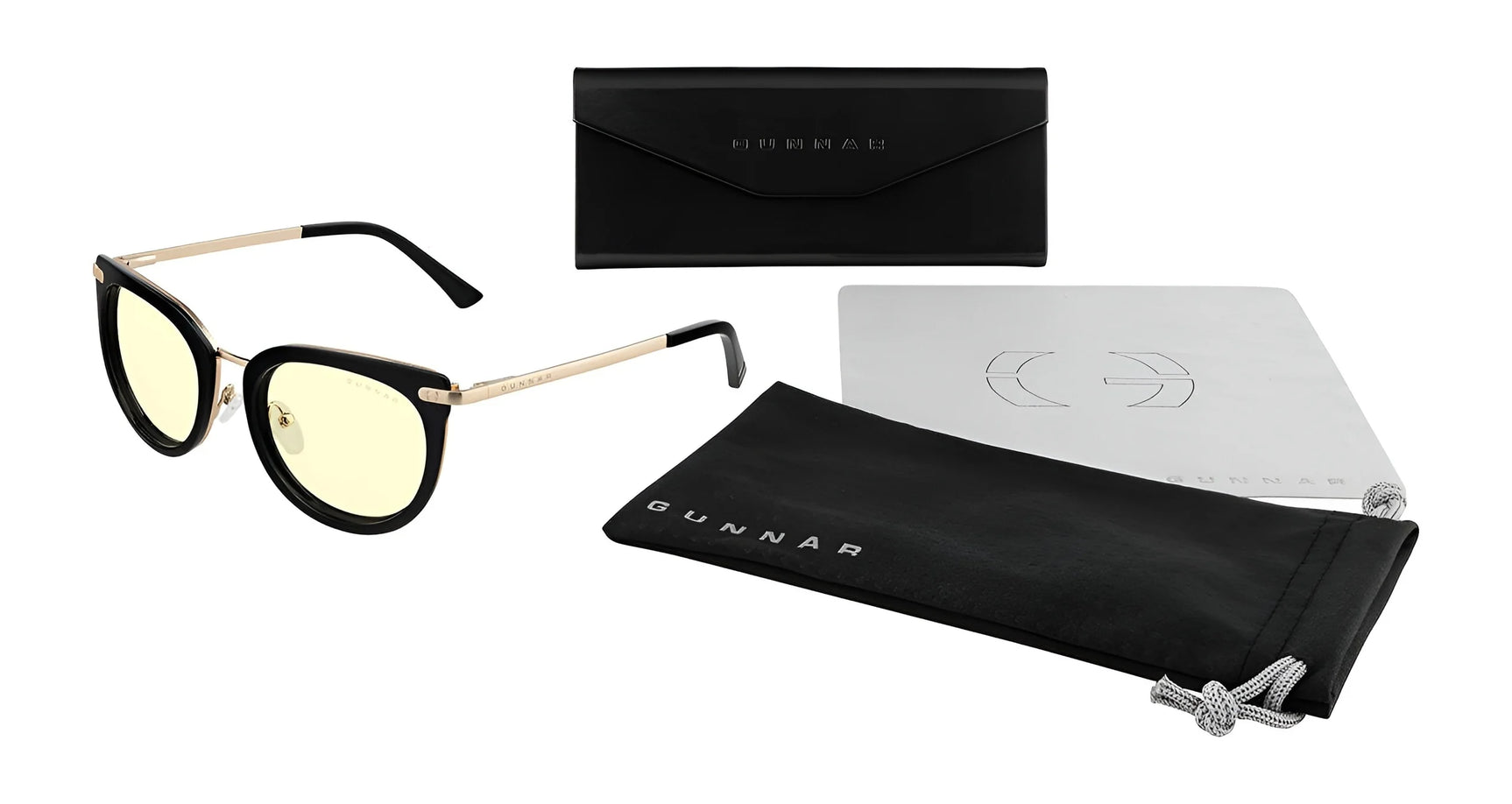 Enhance your look with the Gunnar Lahti Computer Glasses, offering blue light blocking technology and yellow lenses for eye protection. These chic black and gold frames come with a sleek case, lens cloth, and pouch for added style and convenience.