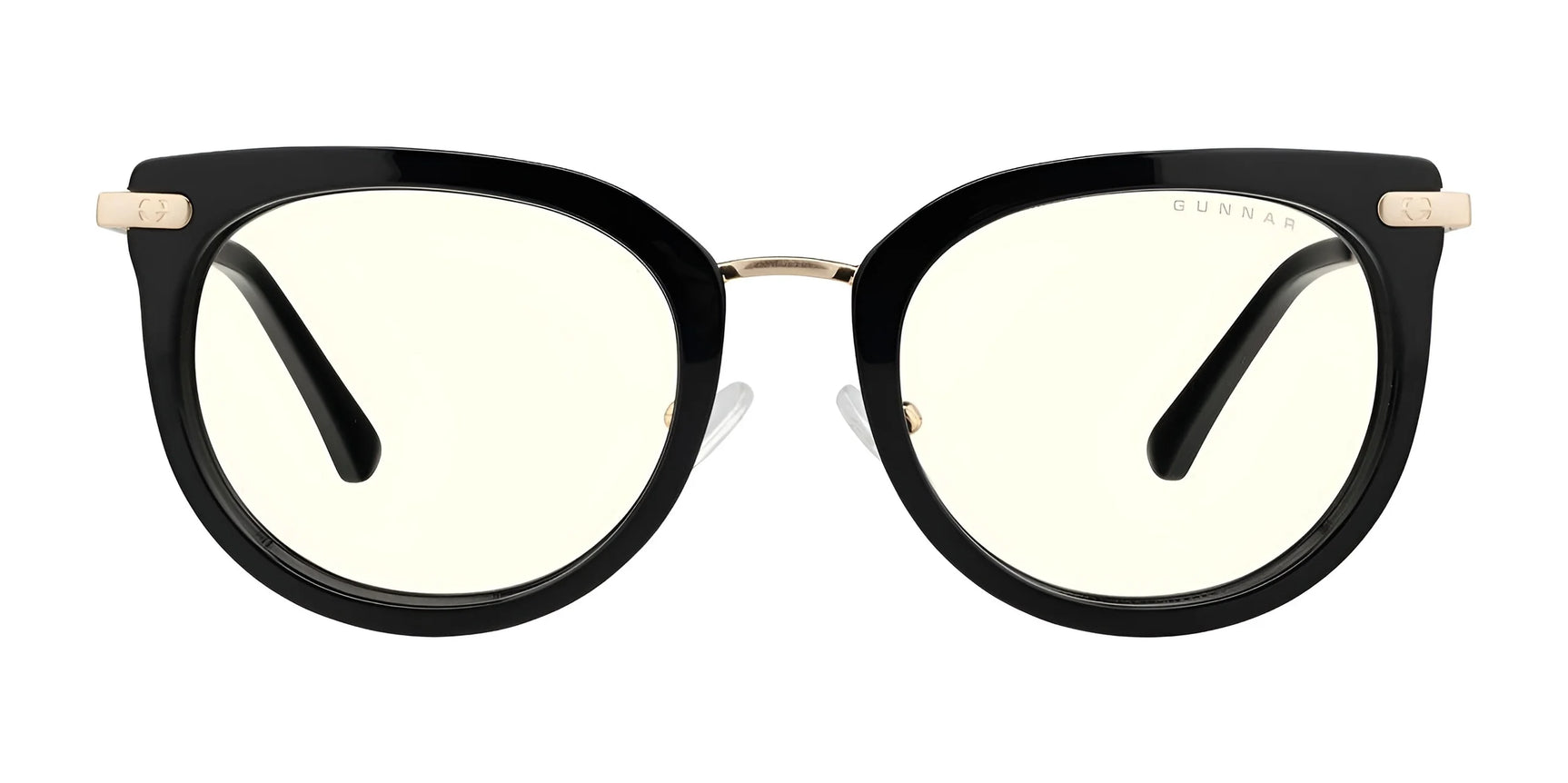The Gunnar Lahti Computer Glasses, Size 51, feature black rims, yellow-tinted lenses with a gold bridge, and GUNNAR lens technology for superior blue light blocking, elegantly displayed against a white background.
