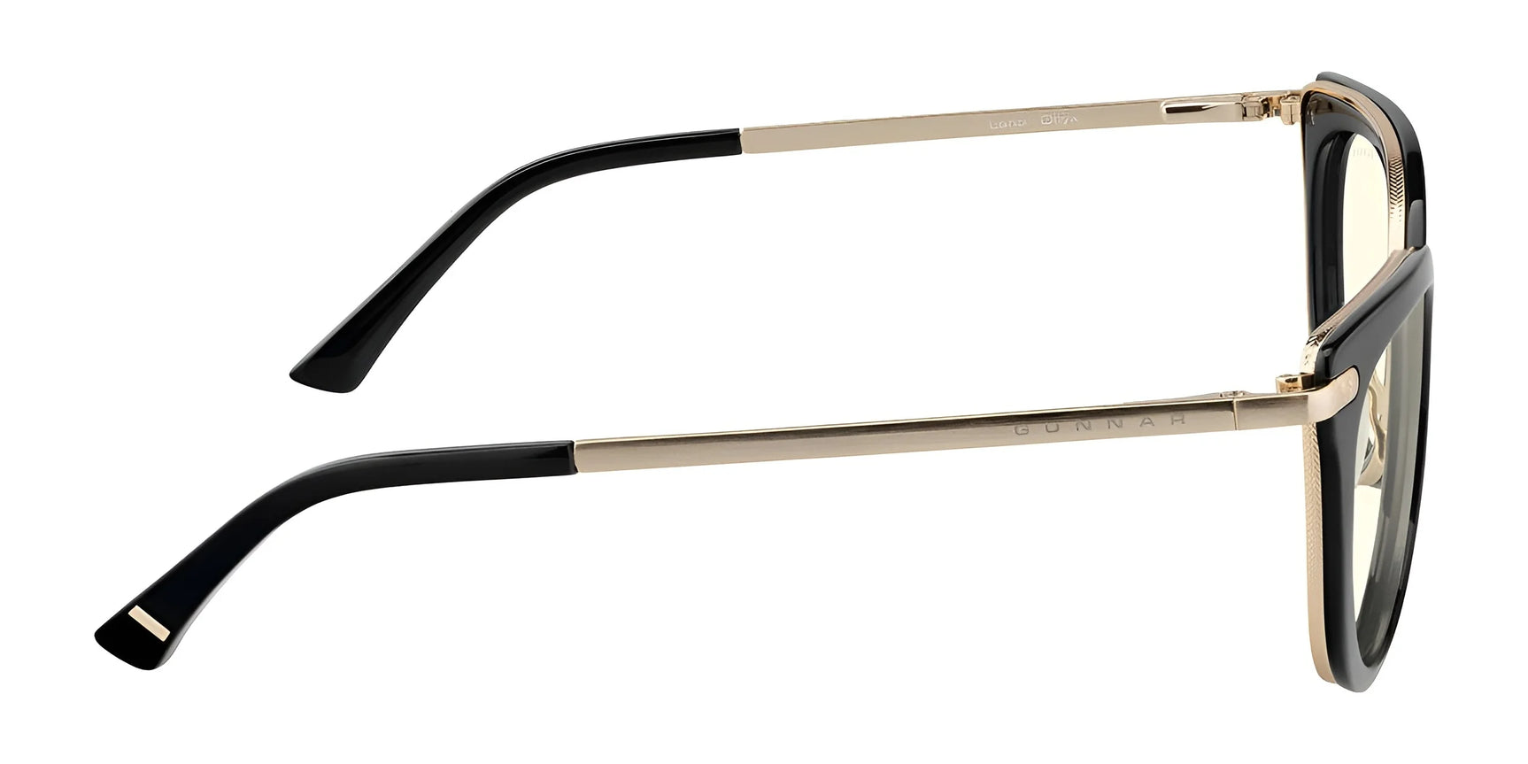 The Gunnar Lahti Computer Glasses, size 51, showcase designer black and gold frames with GUNNAR lens technology for blue light blocking; the transparent lenses appear elegantly in a side view against a pristine white background.