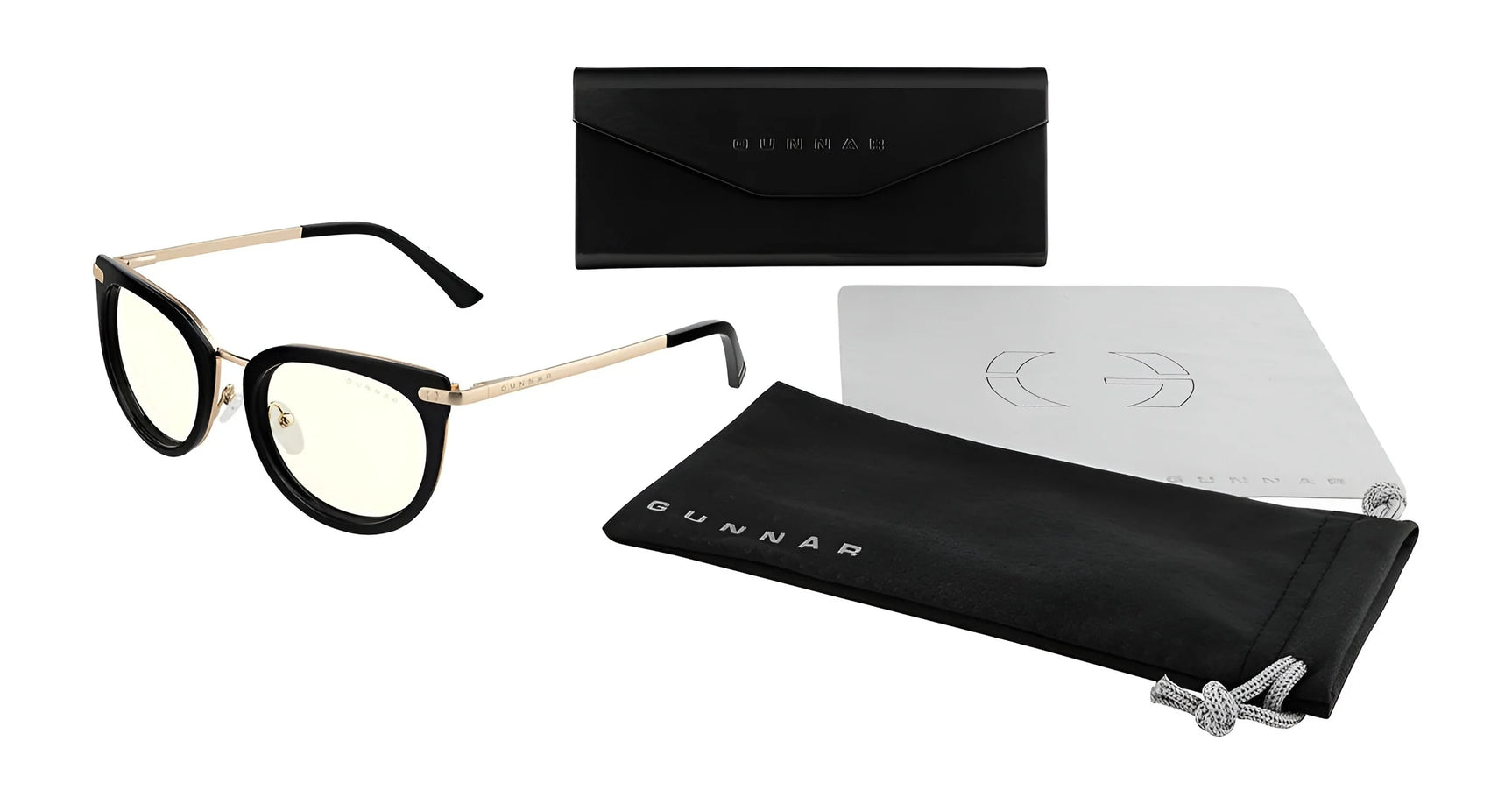 The Gunnar Lahti Computer Glasses, Size 51, feature black rims and gold arms with blue light-blocking lens technology. They come with a designer black case, matching pouch, and a branded gray lens cloth.