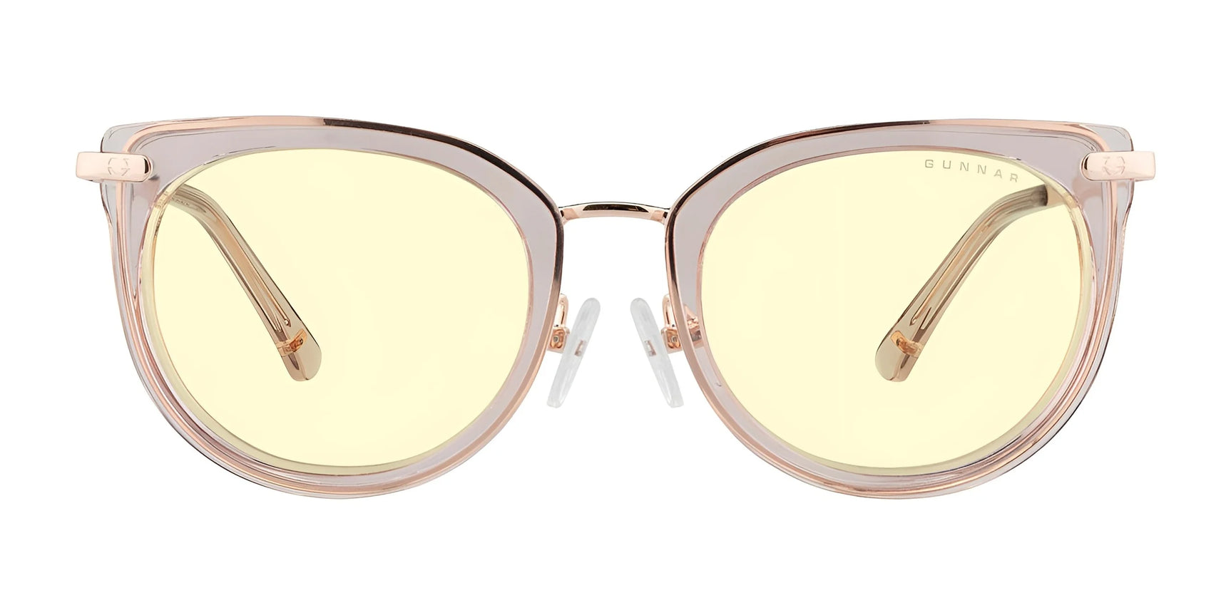 Gunnar Lahti Computer Glasses in a size 51 feature cat-eye frames with lightly tinted yellow lenses using GUNNAR lens technology, all set in a transparent rose-gold finish.