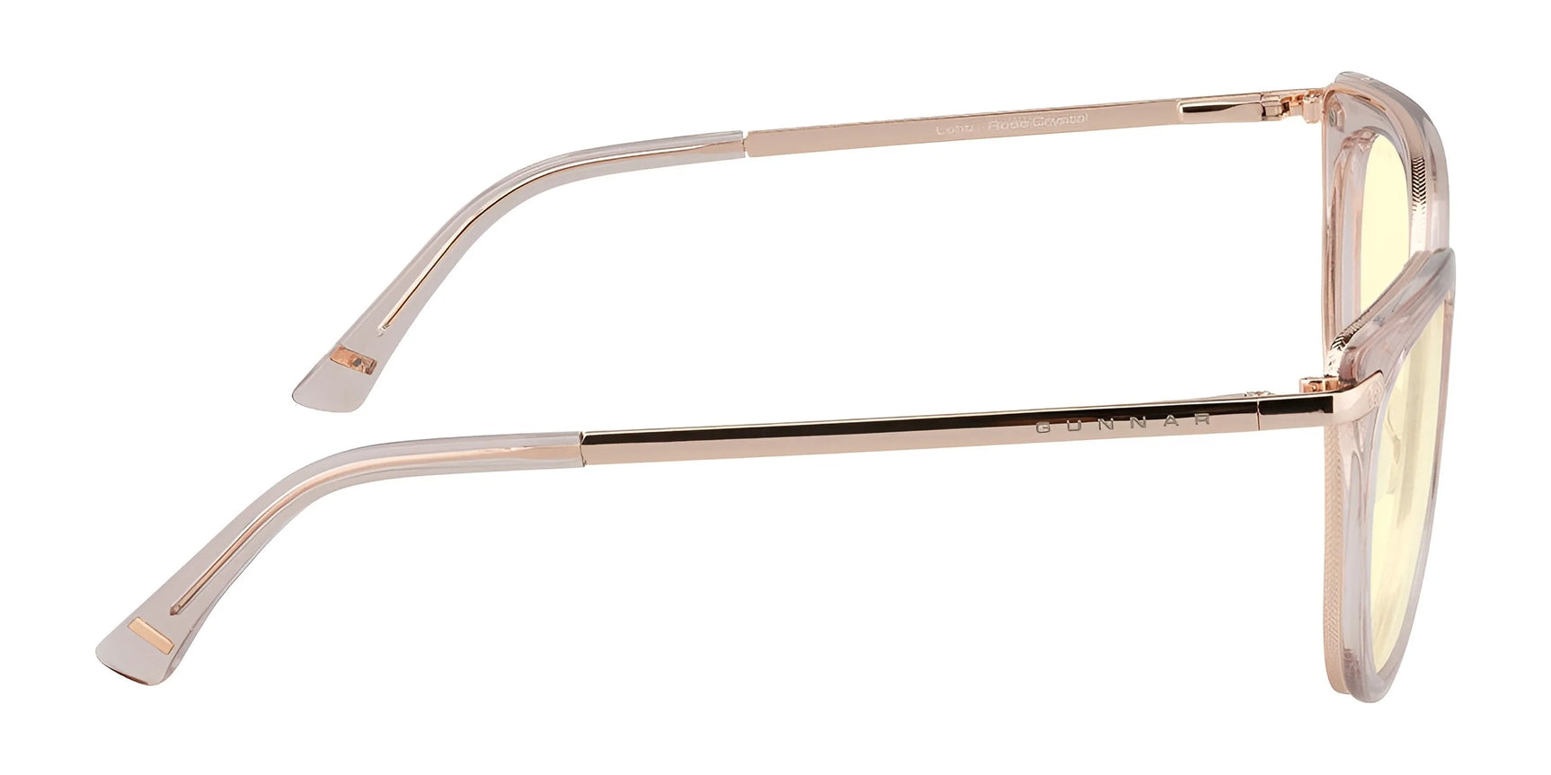 Side view of Gunnar Lahti Computer Glasses with beige frames, thin arms, and yellow-tinted lenses, featuring GUNNAR lens technology for an optimal visual experience.