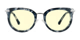 Gunnar Lahti Computer Glasses in blue tortoiseshell with yellow-tinted lenses feature cat-eye frames and GUNNAR technology to block blue light, set against a white background.