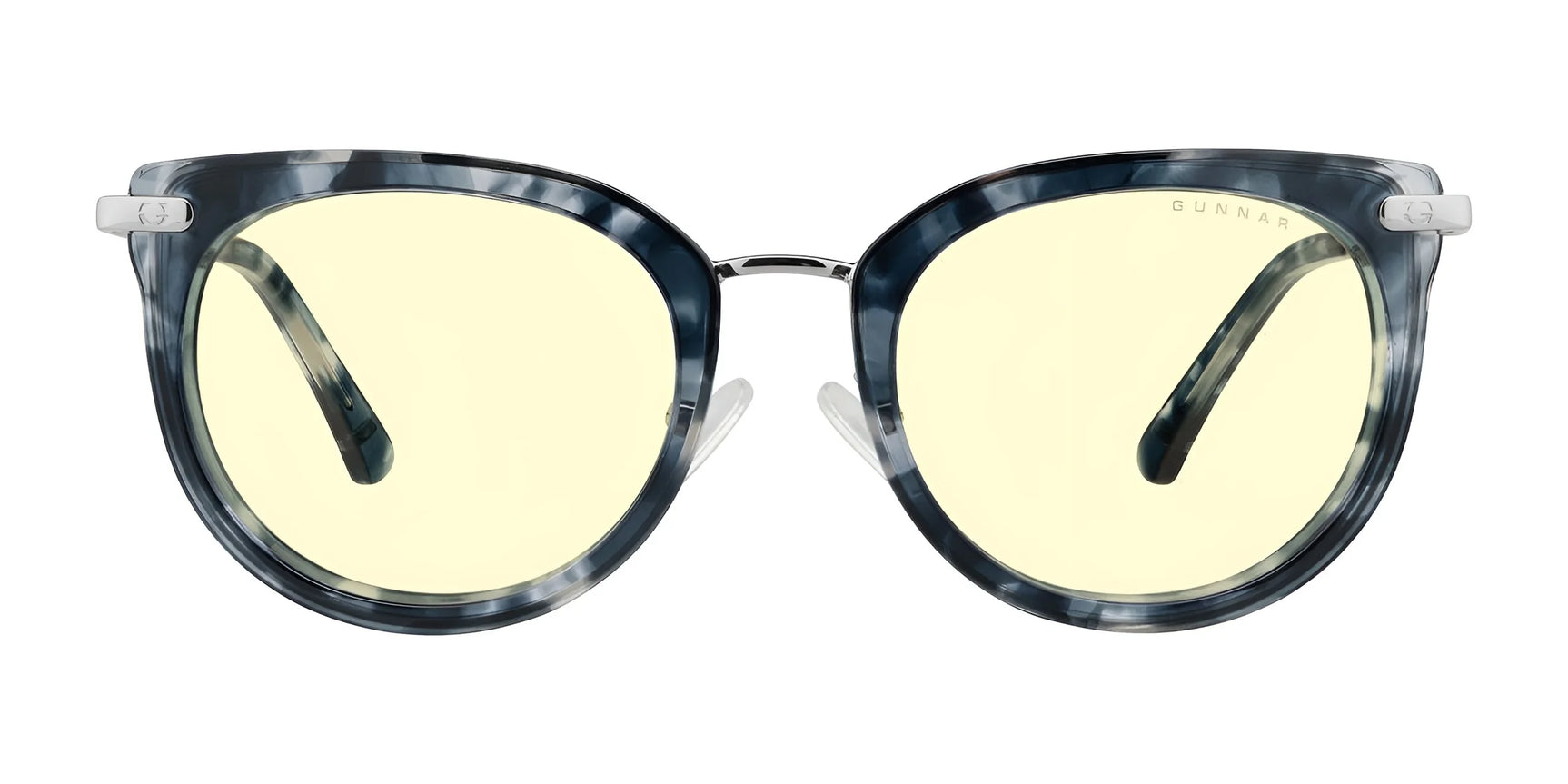 Gunnar Lahti Computer Glasses in blue tortoiseshell with yellow-tinted lenses feature cat-eye frames and GUNNAR technology to block blue light, set against a white background.
