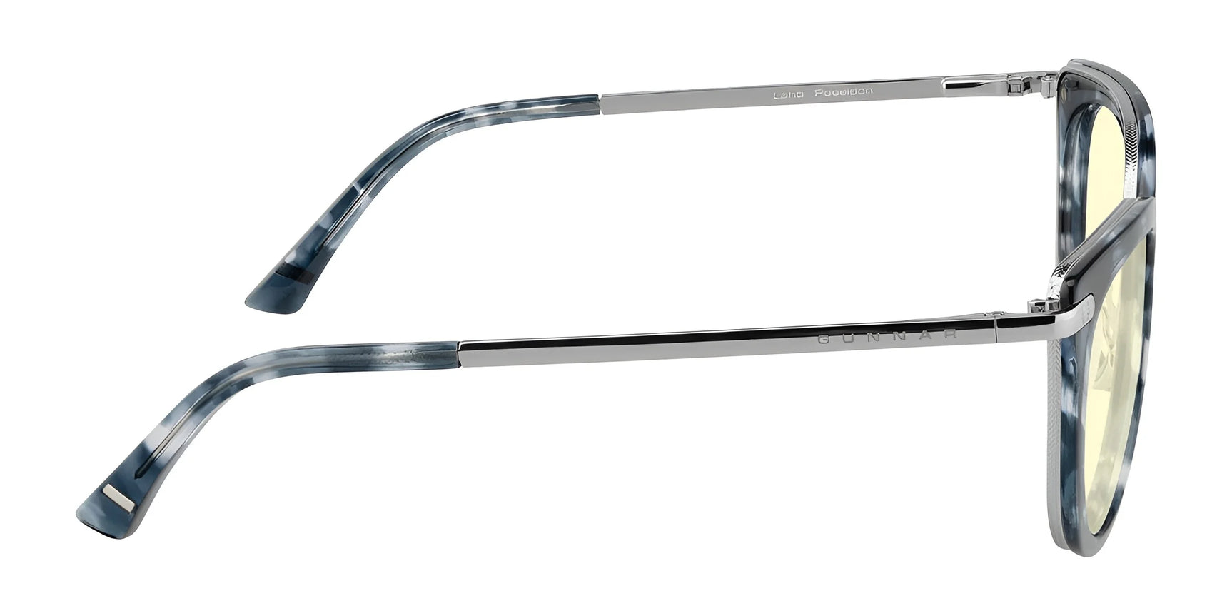 Side view of Gunnar Lahti Computer Glasses in blue with silver rims, featuring yellow-tinted lenses using GUNNAR technology, on a white background.