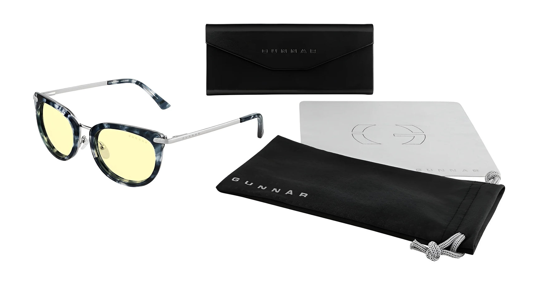 Elevate your style with Gunnar Lahti Computer Glasses. These designer eyewear pieces feature advanced GUNNAR lens technology to block blue light, come equipped with a sleek black case, pouch, and cleaning cloth, and have blue-tinted lenses for a touch of elegance.