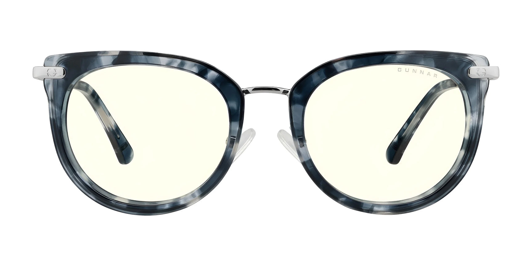 The Gunnar Lahti Computer Glasses in size 51 feature a tortoiseshell design with a semi-transparent yellow tint, incorporate GUNNAR lens technology, and have elegant metal details on the sides.