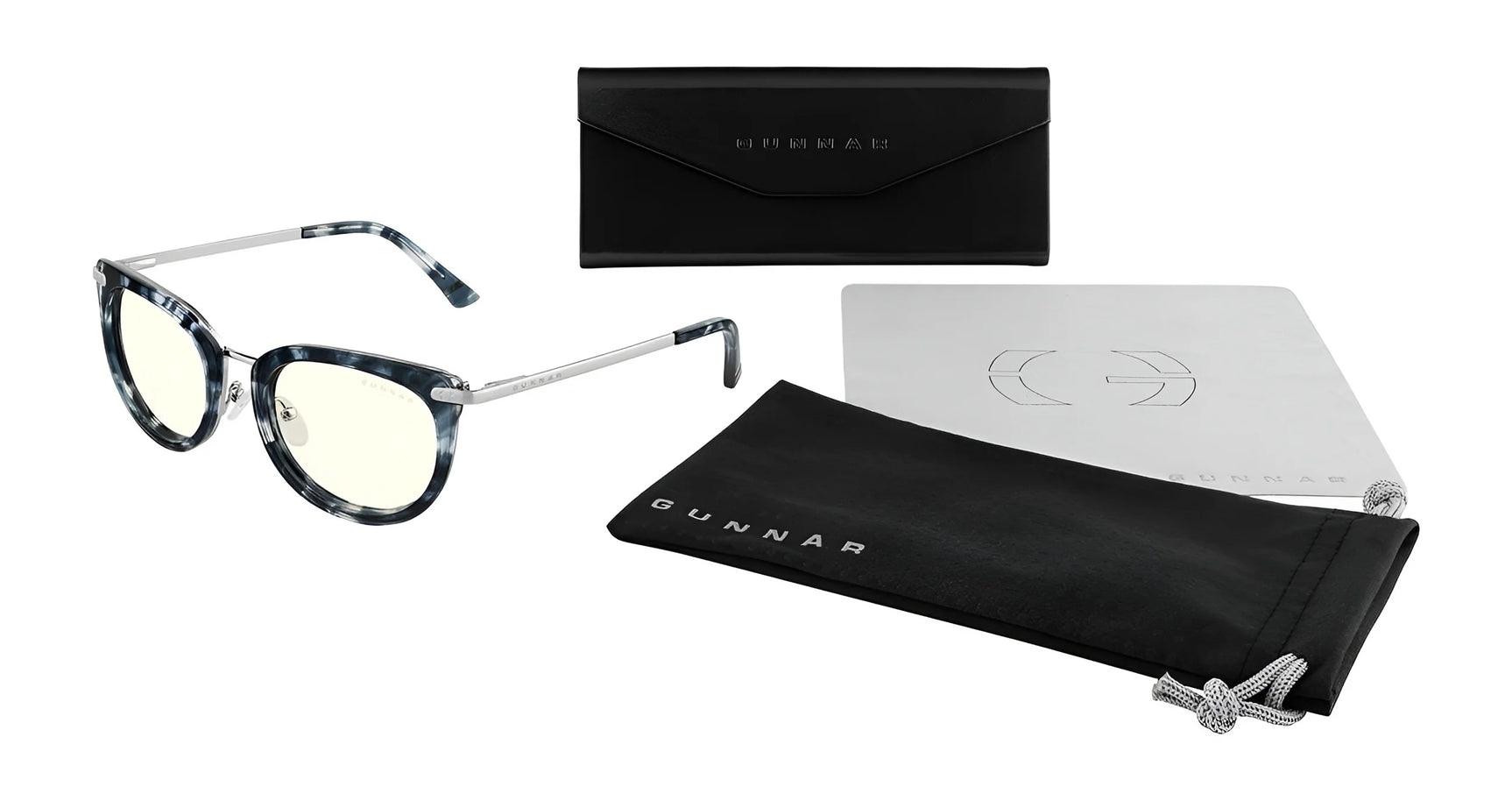 Gunnar Lahti Computer Glasses boast blue tortoiseshell frames and include a black pouch, hard case, and cleaning cloth. The GUNNAR lens technology offers top-notch blue light protection in style.