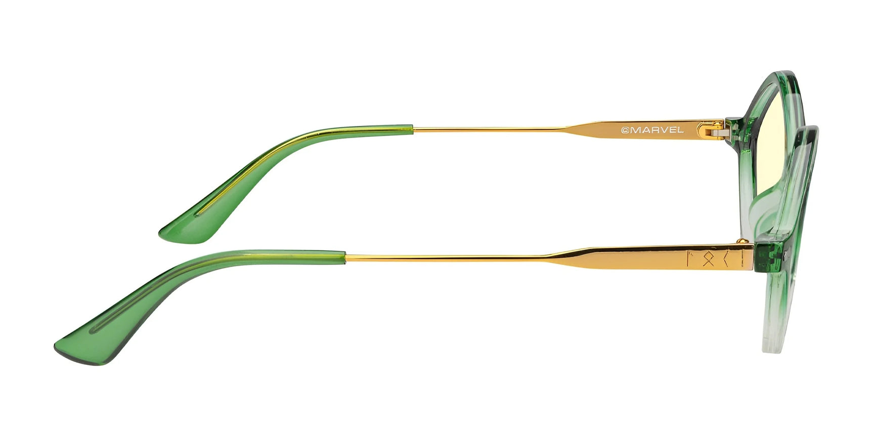 Side view of Gunnar Loki Asgard Edition Computer Glasses in green and gold, featuring "Marvel" engraved on the temple and precision-engineered polymer for durability.