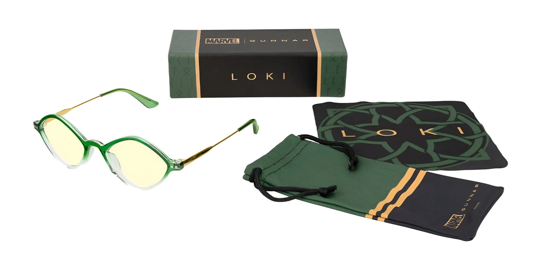 Green Gunnar Loki Asgard Edition Computer Glasses come with a box, cleaning cloth, and pouch on a white background. These glasses feature G-Shield™ Plus coating and are crafted from precision-engineered polymer for ultimate durability and style.