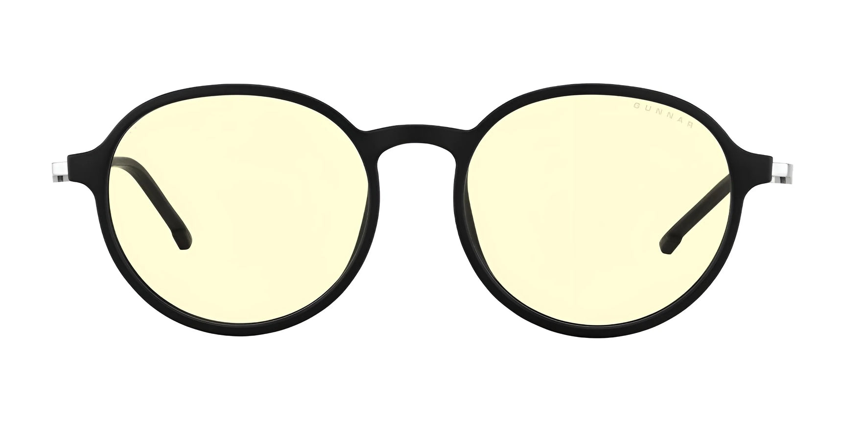 Front view of the Gunnar Loop Computer Glasses in size 51, featuring a round black frame with yellow-tinted lenses and GUNNAR lens technology designed to boost productivity.