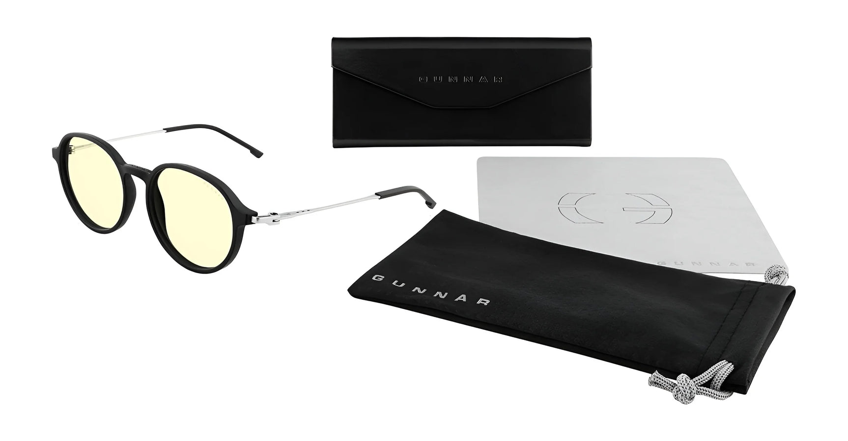 Gunnar Loop Computer Glasses, Size 51, are round with tinted lenses using Gunnar lens technology to boost productivity. They include a black case, pouch, and cloth against a white background.