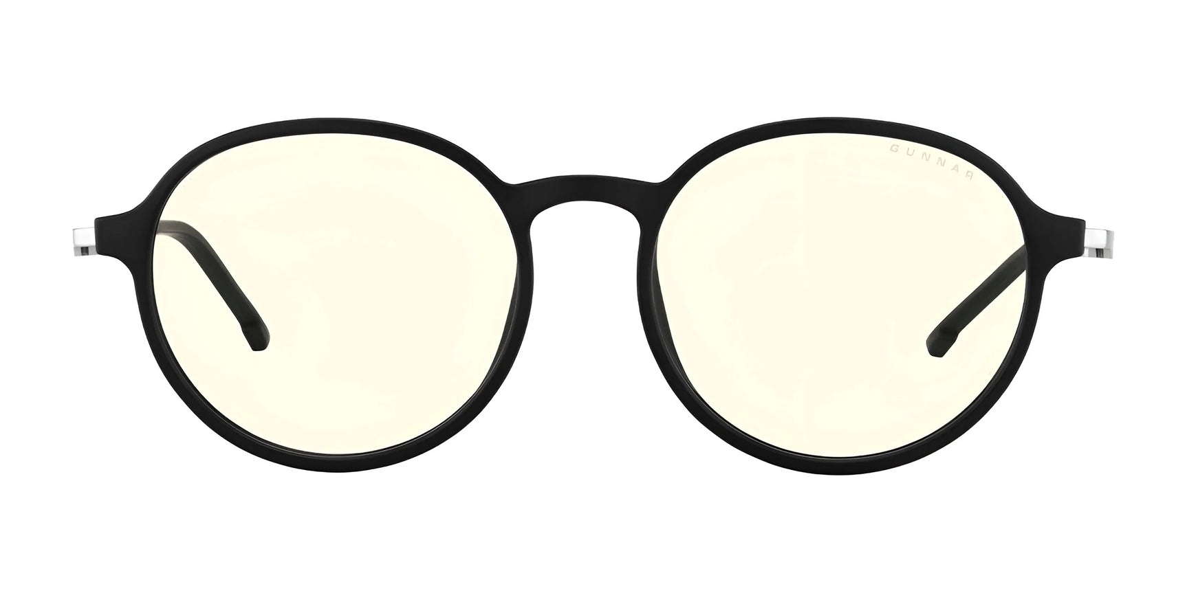 The Gunnar Loop Computer Glasses, size 51, feature round eyeglasses with a black frame and yellow-tinted lenses, utilizing advanced GUNNAR lens technology to boost productivity.