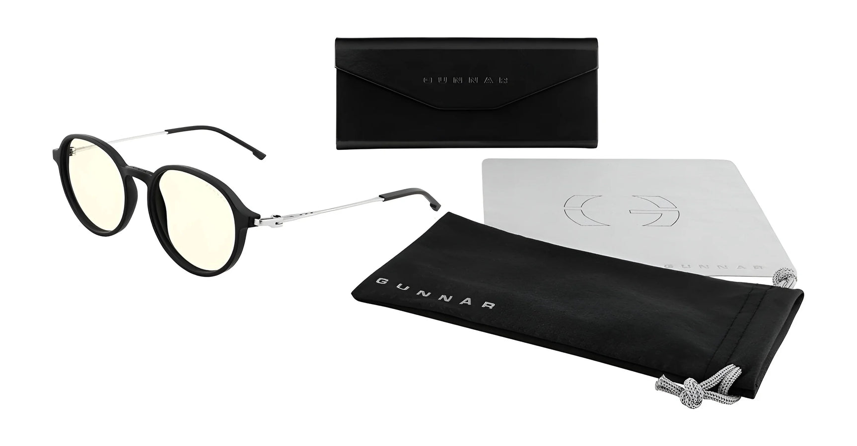 Gunnar Loop Computer Glasses | Size 51 are black, round glasses with yellow GUNNAR lenses for enhanced productivity. Includes a black case, cleaning cloth, and pouch with the "Gunnar" logo, elegantly displayed on a white background.