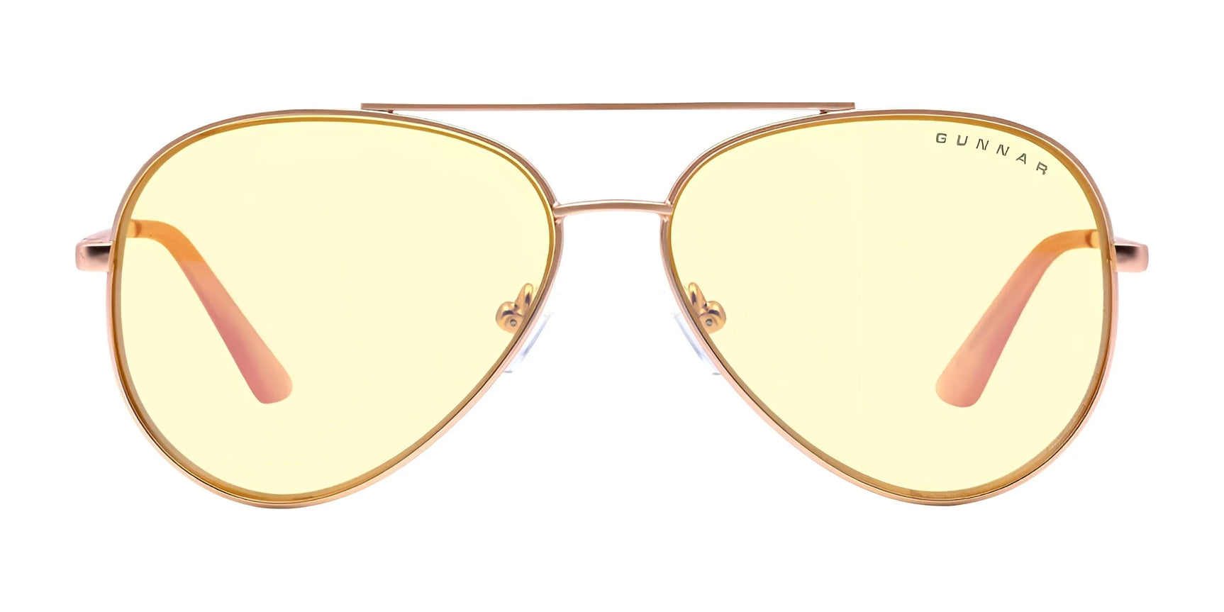 The Gunnar Maverick Computer Glasses, size 58, from Gunnar feature a thin gold aviator-style frame with yellow-tinted lenses to offer subtle elegance and blue light protection against computer eye strain.