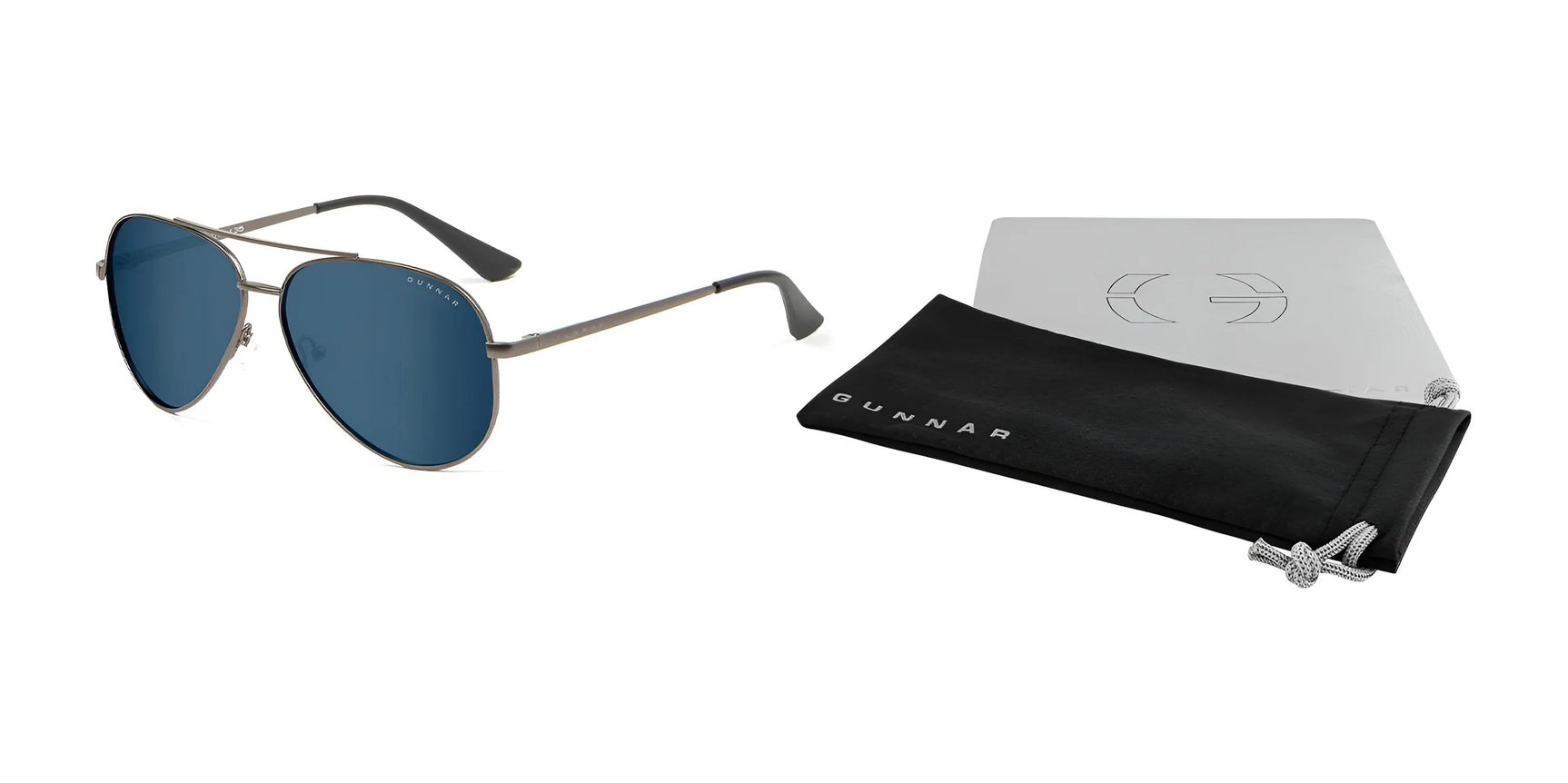 Gunnar's Maverick Sunglasses | Size 58 are blue aviators with black earpieces that offer blue light protection to ease computer eye strain. They include a sleek black pouch and silver case, making these stainless steel glasses stylish on a white background.