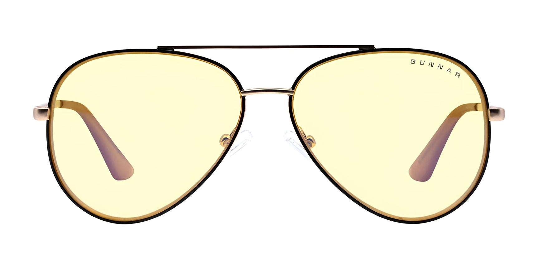 Yellow-tinted Gunnar Maverick Computer Glasses, size 58, feature a thin metal frame on a white background for reducing eye strain.