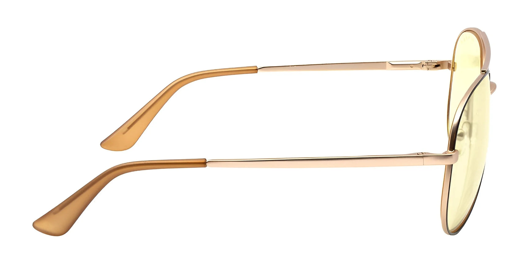 Side view of Gunnar Maverick Computer Glasses | Size 58 with gold frames, yellow-tinted lenses, thin arms, and curved earpieces. These stylish Gunnar shades provide blue light protection, ideal for reducing computer eye strain.