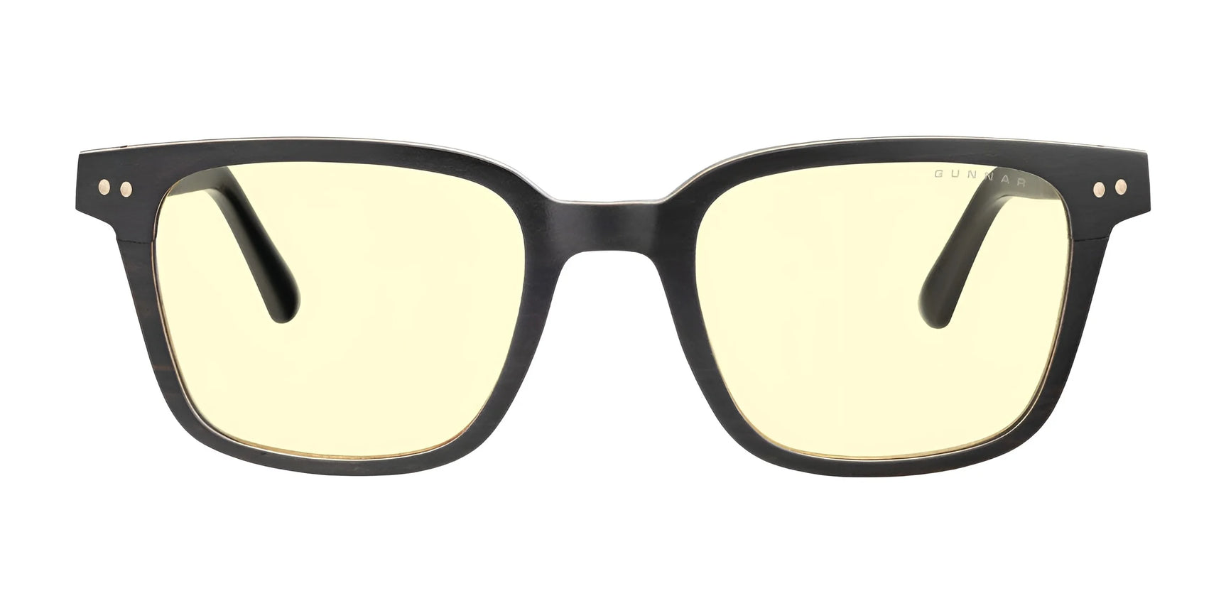 From the AROBR Collection, the Gunnar Muir Computer Glasses in Size 50 feature black frames with blue-blocking, yellow-tinted lenses and sustainably harvested ebony wood arms.