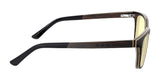 Side view of Gunnar Muir Computer Glasses, Size 50, with stylish black and brown frames made from sustainably harvested ebony wood. Featuring yellow-tinted lenses and blue light blocking technology against a white background.