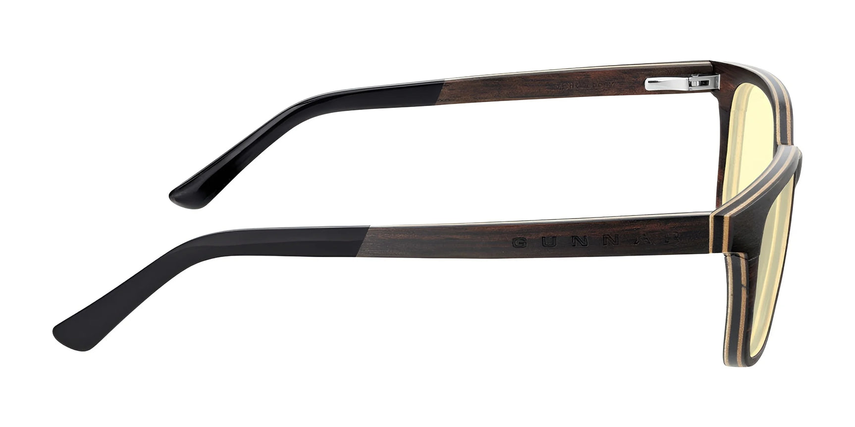 Side view of Gunnar Muir Computer Glasses, Size 50, with stylish black and brown frames made from sustainably harvested ebony wood. Featuring yellow-tinted lenses and blue light blocking technology against a white background.