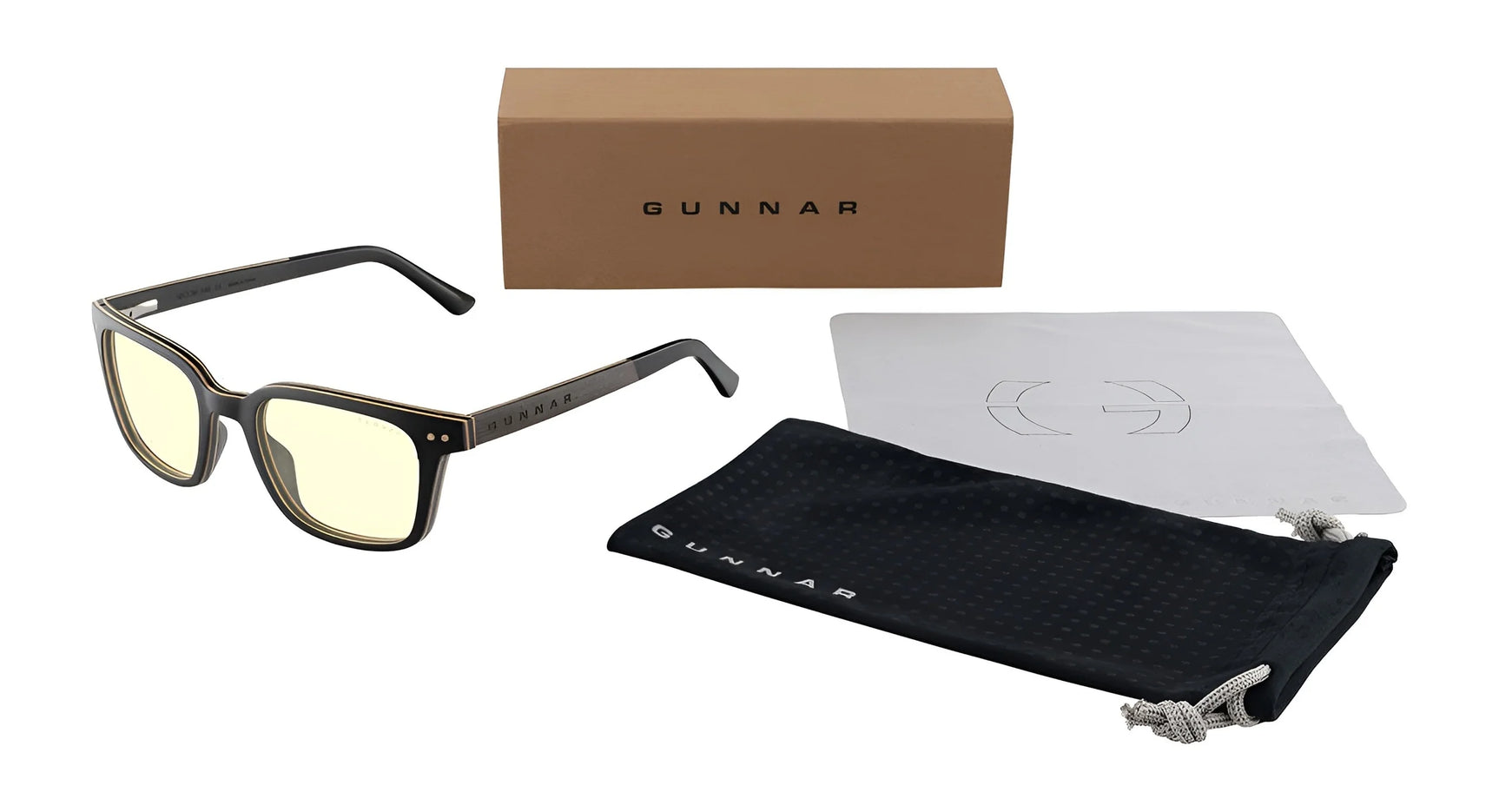 The Gunnar Muir Computer Glasses feature yellow lenses and sustainably harvested ebony wood frames, blending style with eco-consciousness. They include a case, cleaning cloth, and box, all showcased on a white background as part of the AROBR Collection.