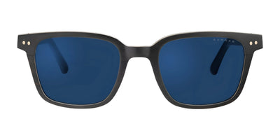 The Gunnar Muir Sunglasses, Size 50, feature ebony wood with black rectangular frames and advanced lens technology for optimal blue clarity when viewed from the front.