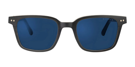 The Gunnar Muir Sunglasses, Size 50, feature ebony wood with black rectangular frames and advanced lens technology for optimal blue clarity when viewed from the front.