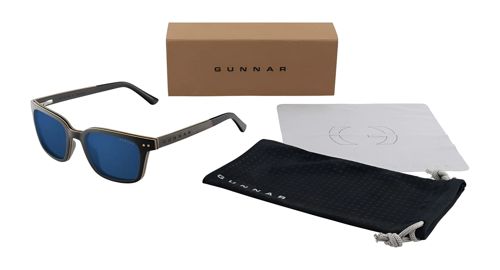 Meet the Gunnar Muir sunglasses in ebony wood with blue lenses. These stylish shades come with a black pouch, cleaning cloth, and are elegantly packed in a brown box labeled "GUNNAR.