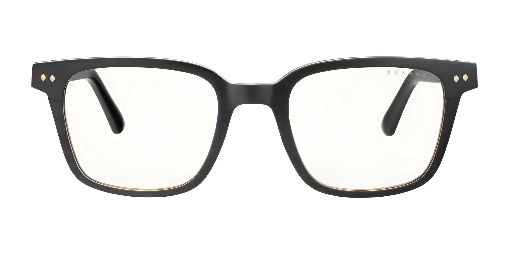 Gunnar Muir Computer Glasses provide a sustainable choice with their ebony wood black rectangular frames, featuring clear lenses and subtle silver dots near the hinges.