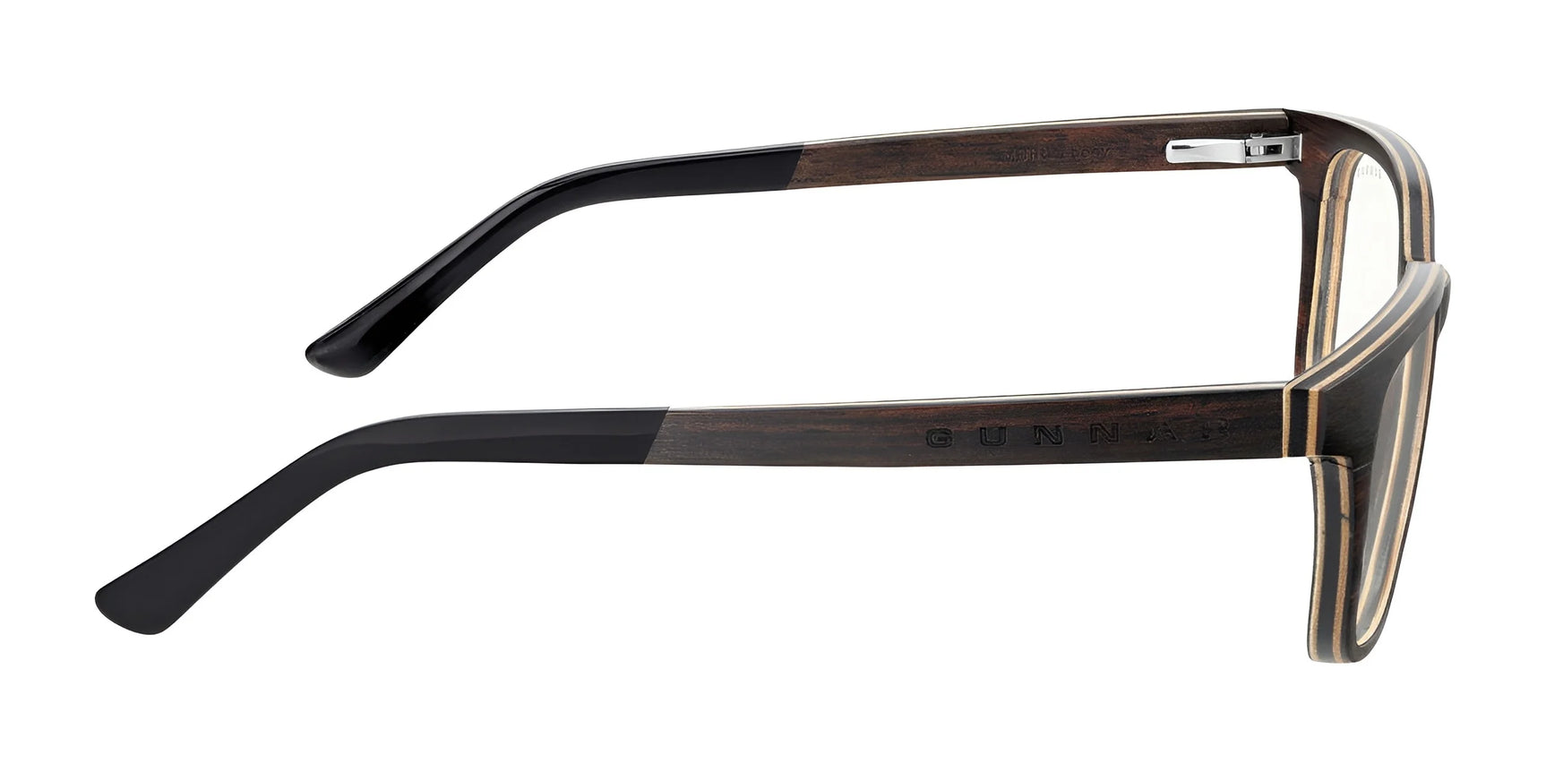 Side view of Gunnar Muir Computer Glasses frame in black and wood from sustainably harvested ebony, featuring "GUNNAR" engraving, part of the AROBR Collection. Size: 50.