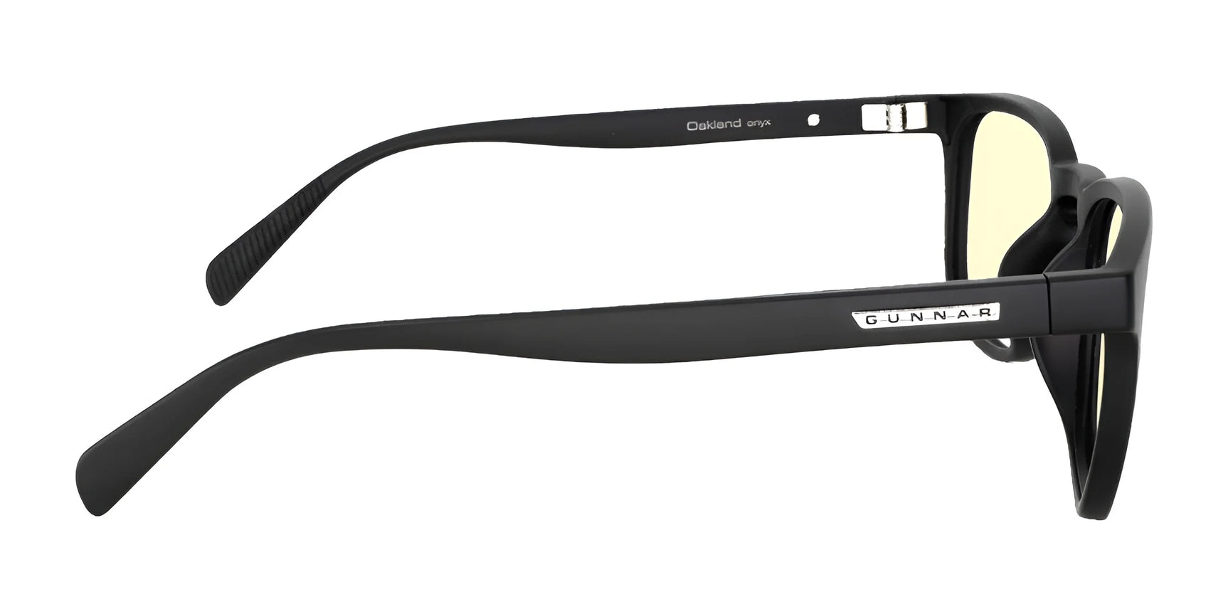 Side view of Gunnar Oakland Computer Glasses in black with yellow-tinted lenses, wide temples, and a durable nylon frame, providing effective blue light protection.