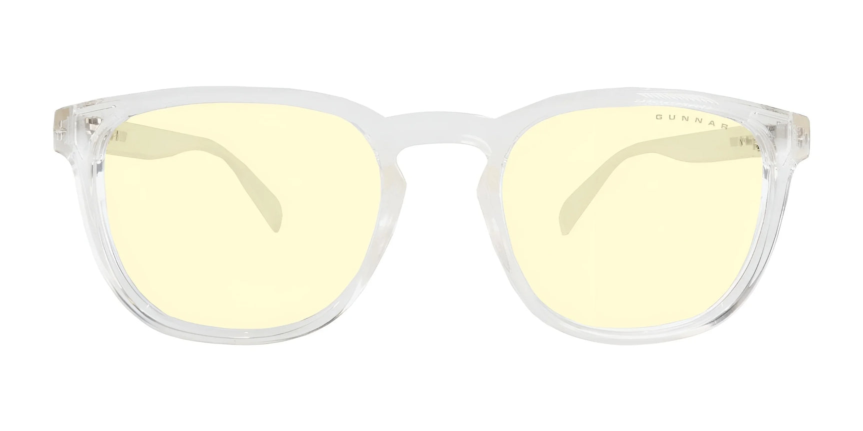 Gunnar Oakland Computer Glasses | Size 53 are transparent eyeglasses with yellow-tinted lenses and a durable nylon frame, shown against a plain white background. Ideal for Gunnar enthusiasts seeking blue light protection.