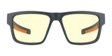 The Gunnar Overwatch Ultimate Computer Glasses, size 57, feature a black rectangular frame with yellow-tinted lenses and orange accents. Designed for optimal eye comfort, they effectively block blue light during extended screen time.