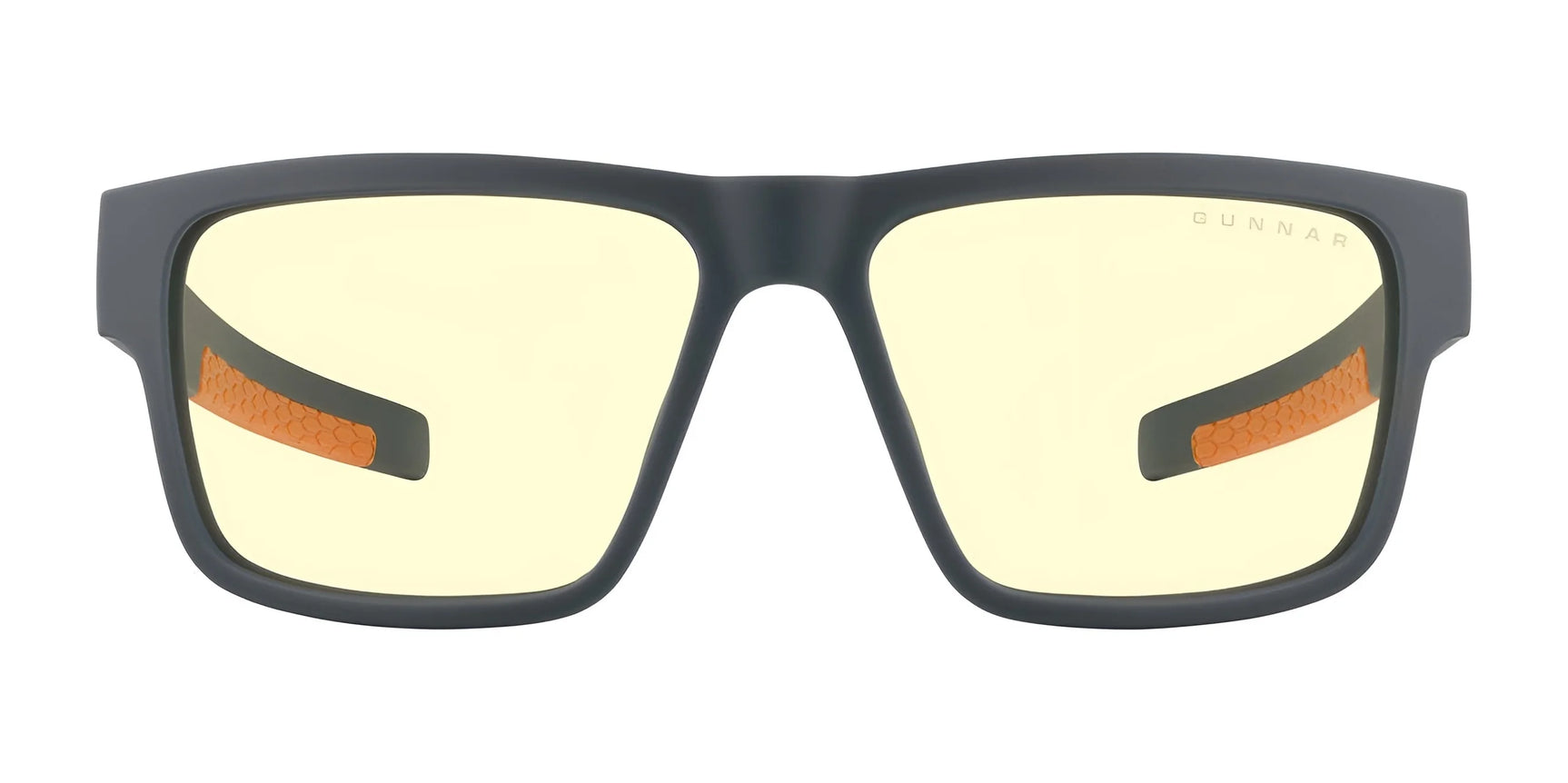 The Gunnar Overwatch Ultimate Computer Glasses, size 57, feature a black rectangular frame with yellow-tinted lenses and orange accents. Designed for optimal eye comfort, they effectively block blue light during extended screen time.