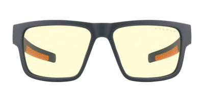 The Gunnar Overwatch Ultimate Computer Glasses, size 57, feature a black rectangular frame with yellow-tinted lenses and orange accents. Designed for optimal eye comfort, they effectively block blue light during extended screen time.