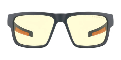 The Gunnar Overwatch Ultimate Computer Glasses, size 57, feature a black rectangular frame with yellow-tinted lenses and orange accents. Designed for optimal eye comfort, they effectively block blue light during extended screen time.