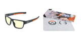 The Gunnar Overwatch Ultimate Computer Glasses, Size 57, feature black and orange frames with yellow-tinted lenses that utilize GUNNAR technology for optimal blue light blocking. They come with a cloth pouch and an illustrated cleaning cloth, enhancing visual comfort for long gaming sessions.