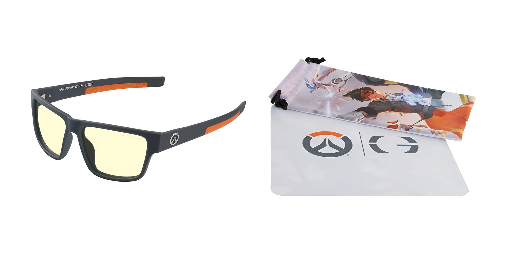 The Gunnar Overwatch Ultimate Computer Glasses, Size 57, feature black and orange frames with yellow-tinted lenses that utilize GUNNAR technology for optimal blue light blocking. They come with a cloth pouch and an illustrated cleaning cloth, enhancing visual comfort for long gaming sessions.