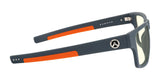 Side view of gray and orange Gunnar Overwatch Ultimate Computer Glasses (Size 57), showcasing GUNNAR technology for blue light blocking with the logo on the arm.