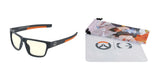 The Gunnar Overwatch Ultimate Computer Glasses | Size 57 feature GUNNAR technology for blue light blocking, come in black with a logo, and are accompanied by a matching pouch and cleaning cloth with action-themed artwork.