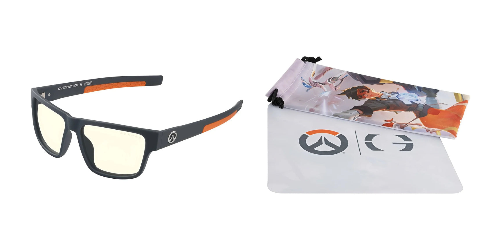 The Gunnar Overwatch Ultimate Computer Glasses | Size 57 feature GUNNAR technology for blue light blocking, come in black with a logo, and are accompanied by a matching pouch and cleaning cloth with action-themed artwork.