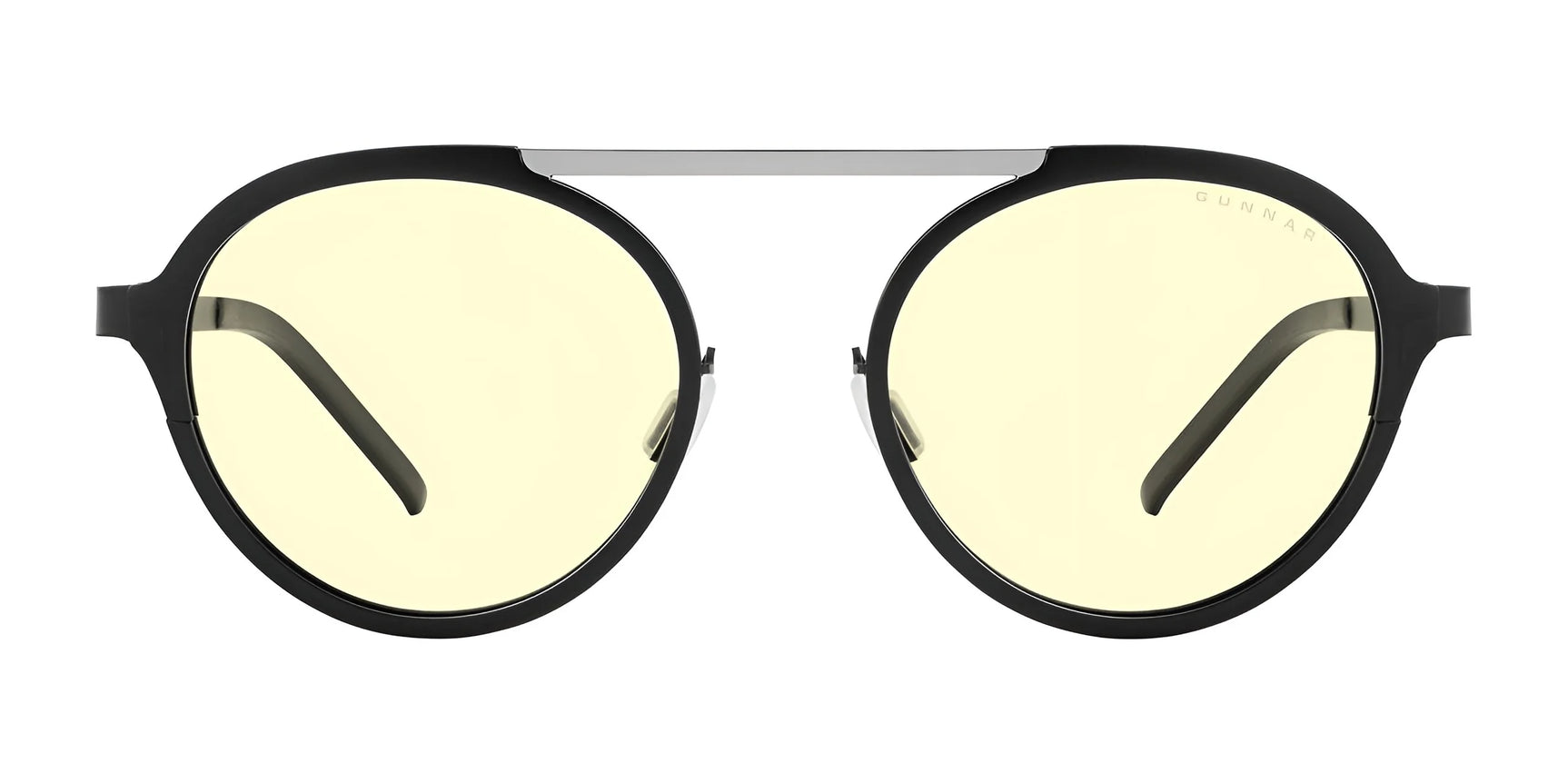 The Gunnar Pacifica Computer Glasses feature black rims, yellow-tinted lenses, a straight metal bridge, and a minimalist design. Size 50.